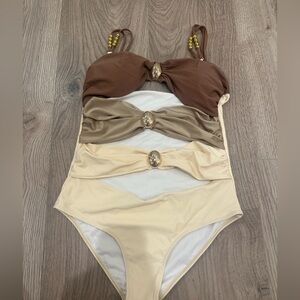 Brown and Beige Gold Accents One Piece Swimsuit